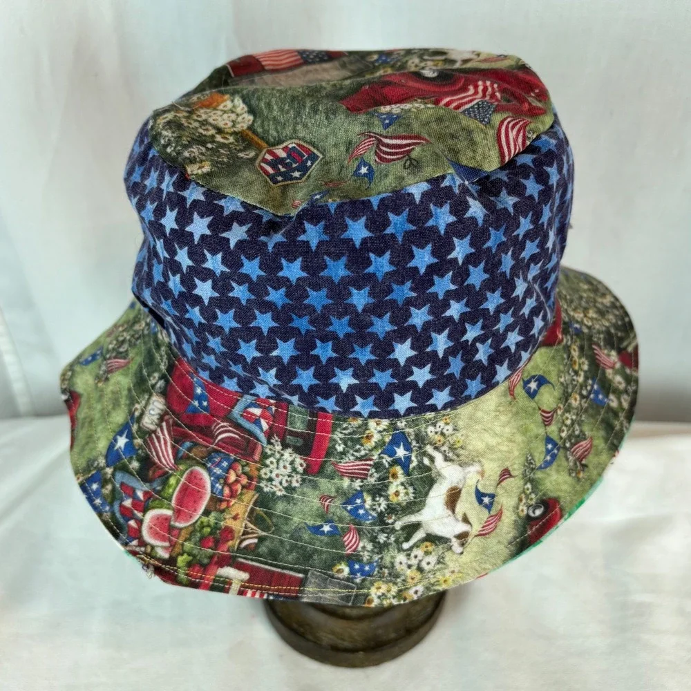 Handmade Kids Reversible Bucket Hat Americana Stars‎ Surfing Dogs Sun Hat 18in